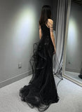 solvbao Black Halter A-line Tulle and Sequins Evening Dress, Black Long Prom Dress Party Dress