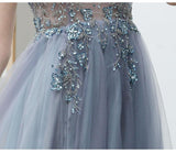 Solvbao Sexy Blue V-neckline Straps Beaded Top Long Party Dress, V Back Leg Slit Prom Dress