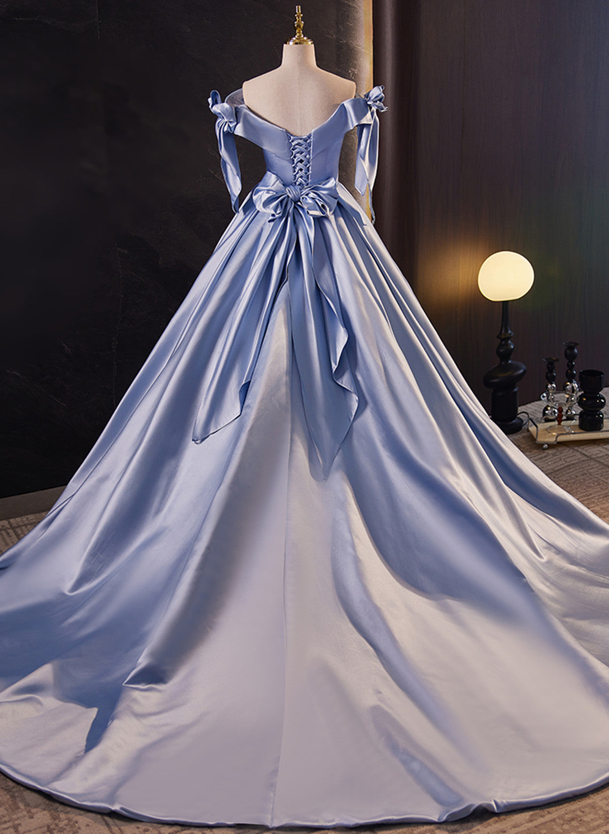 Solvbao Glam Blue Satin Off Shoulder Long Party Dress Formal Dress, Blue Sweet 16 Dress