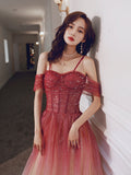 Solvbao Red Gradient Tulle Sweetheart Beaded Straps Prom Dres, Red Long Formal Dress