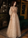 Solvbao Champagne A-line High Neckline Long Party Dress, Champagne Tulle Long Prom Dress