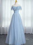 Solvbao Blue Lace Sweetheart Beaded Off Shoulder Prom Dress, A-line Blue Evening Dress