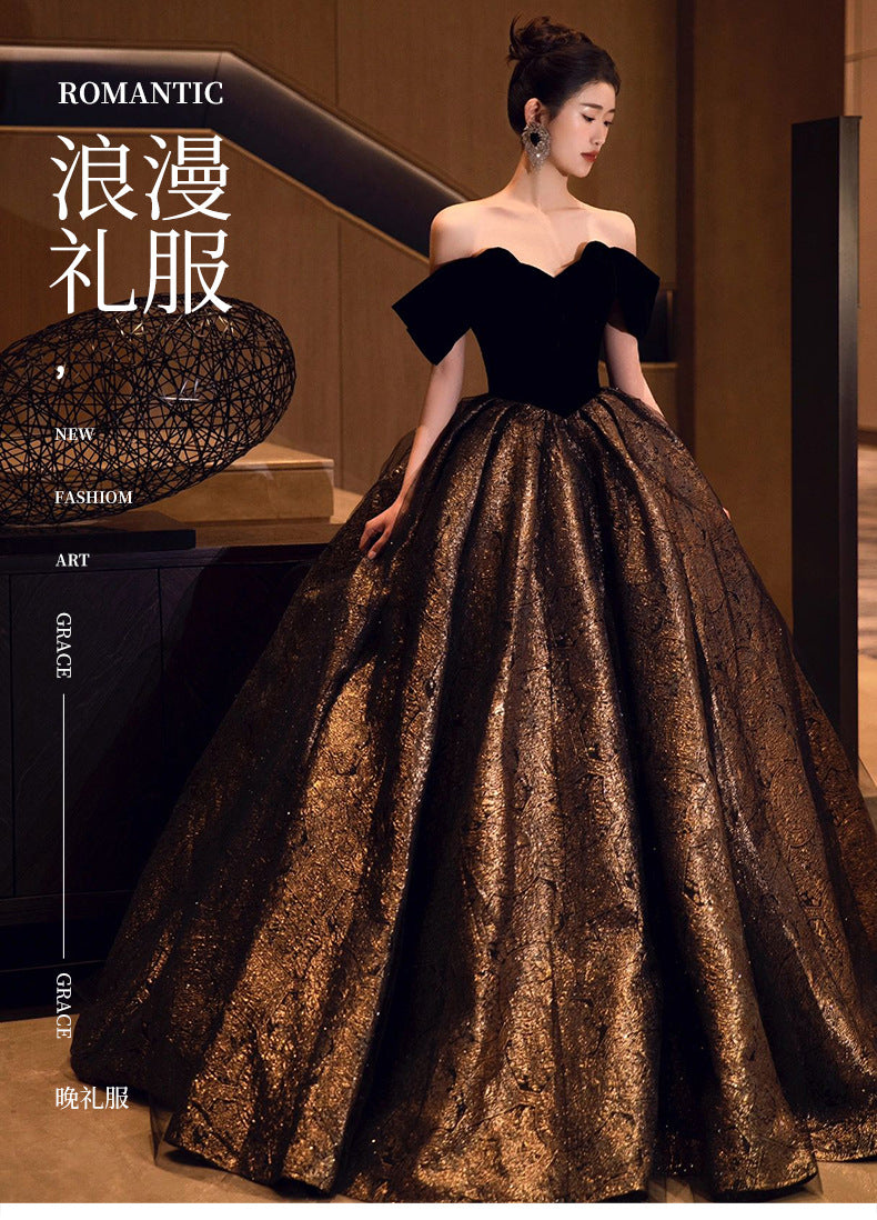 Princess Escape Evening Dress French off-Shoulder Temperament Entry Lux High Sense Art Exam Banquet Host Performance Clothes Annual Meeting