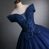 solvbao Glam Navy Blue Sweet 16 Formal Gown with Lace, Blue Prom Dress Party Dress