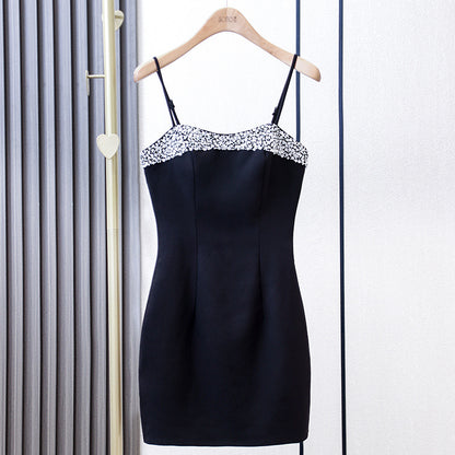 SOLVBAO [In Stock]  Summer Sun Yi Same Style Pure Desire Sexy Black Camisole Dress High-Grade Diamond-Embedded Short Evening Dress