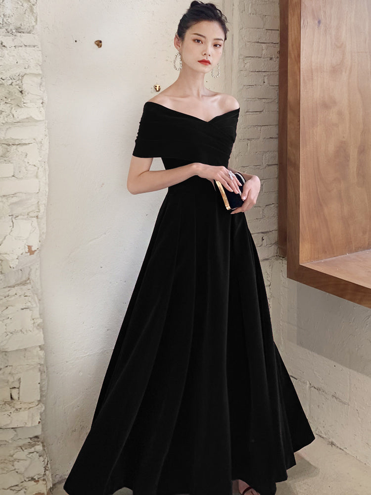 Solvbao Black Velvet Elegant Lace-up Prom Dress, Black Off Shoulder Prom Dress