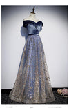 Solvbao Beautiful Blue-Grey Tulle with Velvet Long Prom Dress,Bridesmaid Dress