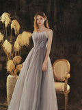 Solvbao Grey Gradient Tulle Beaded A-line Lace-up Party Dress, Grey Long Prom Dress