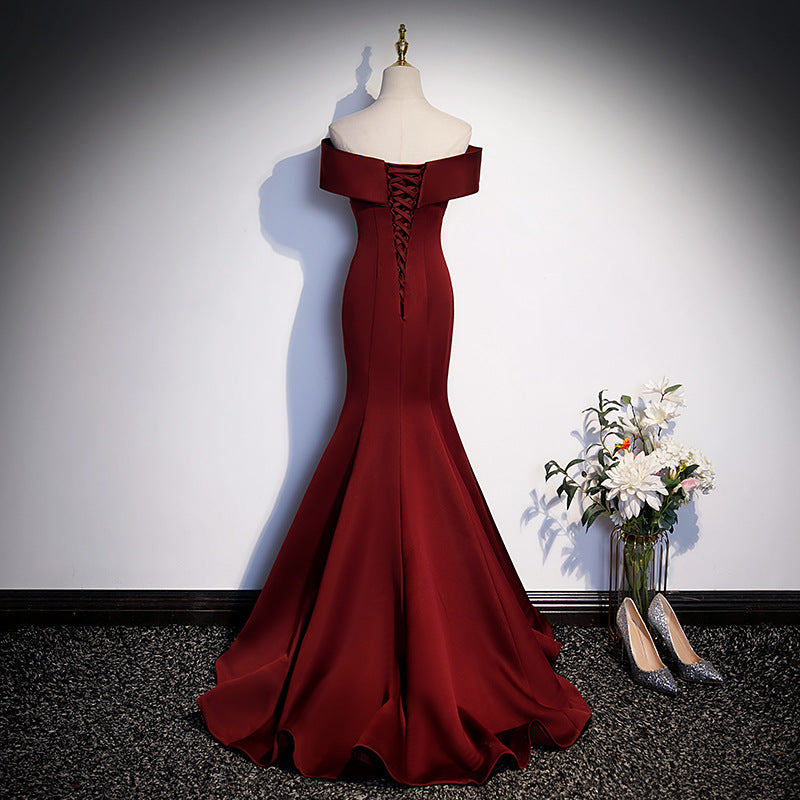 SOLVBAO Wine Red Fishtail Evening Dress for Women Bel Canto Solo Vocal Music Art Test Toast Annual Meeting Host off-Shoulder Light Wedding Dress