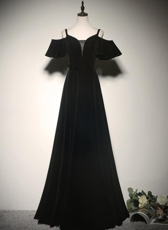 Solvbao Black Off Shoulder Velvet Long A-line Prom Dress, Black Floor Length Party Dress Evening Dress