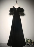 Solvbao Black Off Shoulder Velvet Long A-line Prom Dress, Black Floor Length Party Dress Evening Dress