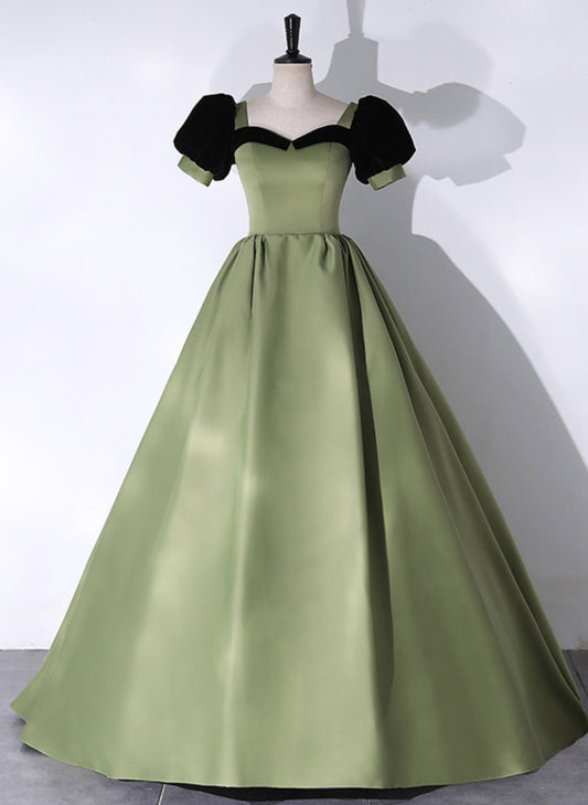 solvbao Green Satin Short Sleeves Long Evening Dress, Green Satin Prom Dress