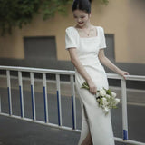 SOLVBAO White  Style Square Collar Short Sleeve Slim Stretch Long License Engagement Wedding Dress Dress