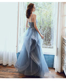 Solvbao Blue V-neckline Lace Applique Layers Straps Formal Gown, Blue Prom Dress Party Dress