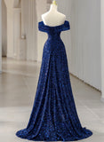 Solvbao Blue Sequins Sweetheart Off Shoulder Party Dress, A-line Blue Long Evening Dress Prom Dress