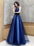 Solvbao Tulle High Neckline A-line Long Prom Dress, Tulle Blue Evening Dress