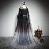 Solvbao Black Gradient Round Neckline Tulle Long Formal Dress, Black Evening Gown Party Dress