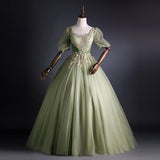 Solvbao Light Green Tulle with Gold Lace Short Sleeves Formal Dress, Light Green Sweet 16 Gown