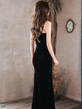 Solvbao Black Straps Mermaid Velvet Long Party Dress with Leg Slit, Black Long Prom Dress