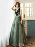 Solvbao Green Lace Tulle V-neckline A-line Prom Dress, Green Floor Length Party Dress