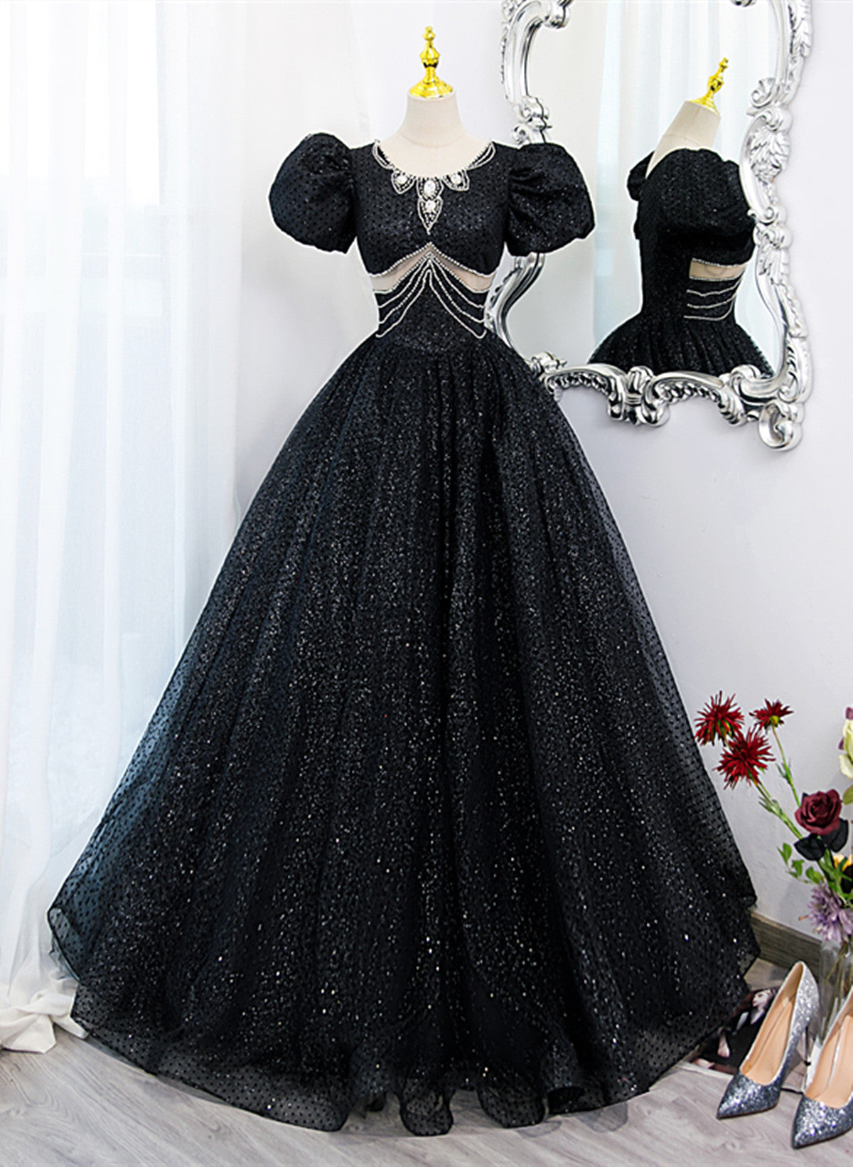 solvbao Black Tulle Beaded Short Sleeves Prom Dress, Black Tulle Formal Dress