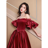 Solvbao Wine Red Satin Beaded Puffy Sleeves Long Party Dress, Wine Red Long Prom Dress