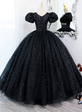 solvbao Black Tulle Beaded Short Sleeves Prom Dress, Black Tulle Formal Dress