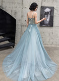 Solvbao Blue Tulle A-line Long Party Dress with Straps, Blue Long Prom Dress