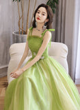 Solvbao Light Green A-line Straps Tulle Long Party Dress, Light Green Tulle Prom Dress