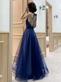 Solvbao Tulle High Neckline A-line Long Prom Dress, Tulle Blue Evening Dress