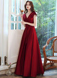 Solvbao Wine Red Satin V-neckline Floor Length Party Dress, Wine Red Satin Prom Dress