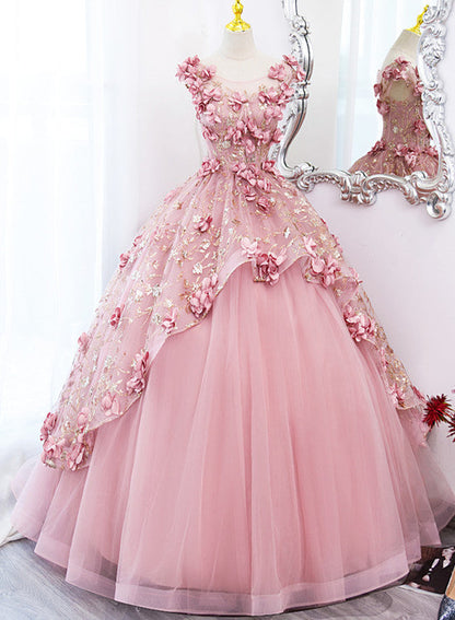 Solvbao Lovely Pink Tulle Long Party Dress with Flowers, Pink Tulle Sweet 16 Gown