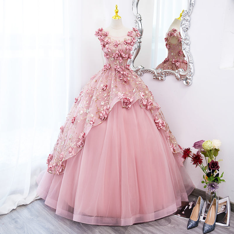 Solvbao Lovely Pink Tulle Long Party Dress with Flowers, Pink Tulle Sweet 16 Gown