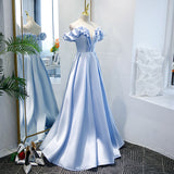 Solvbao Blue Satin Simple Off Shoulder Long Party Dress , A-line Light Blue Prom Dresses