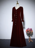 Solvbao Wine Red Velvet Long Sleeves Wedding Party Dress, A-line Velvet Prom Dress