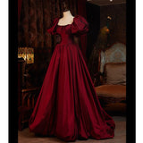 solvbao Wine Red Short Sleeves Floor Length Long Evening Dresses, Ball Gown Formal Dresses