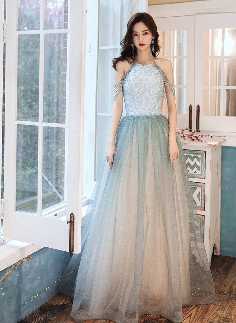 Solvbao Shiny Light Green Tulle Long Halter Neckline Party Dress, A-line Gradient Prom Dress