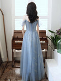 solvbao Blue Tulle A-line Party Dress with Beadings, Blue Long Prom Dress