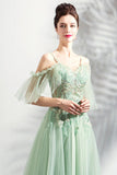 solvbao Light Green Lace Flowers V-neckline Straps Long Tulle Prom Dress, A-line Evening Dress Party Dress