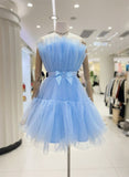 Solvbao Cute Short Blue Tulle Party Dress with Bow, Lovely Formal Dresses Homecoming Dress