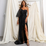 SOLVBAO European and American Prom Evening Dress for Women  Summer New One Shoulder Irregular Sequins Dress Women M0843