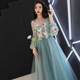 solvbao Light Green Tulle Long Party Dress with Flowers, Long Formal Dresses