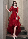 Solvbao Chic Wine Red High Low Short Sleeves Party Dress, Wine Red High Low Homecoming Dress