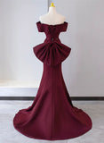 Solvbao Chic Mermaid Burgundy Satin Off Shoulder Party Dress, Burgundy Long Evening Dress Prom Dress