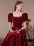 Solvbao Wine Red Short Sleeves Velvet Long Party Dress, A-line Wine Red Formal Dress