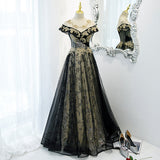 solvbao Beautiful Black Off Shoulder A-line Party Dress with Gold Lace, Black Evening Dresses Prom Dress