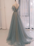 solvbao Blue Tulle Sweetheart Off Shoulder Long Party Dress, Elegant Evening Dress