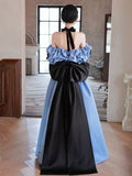 Solvbao Blue Satin Sweetheart with Bow Long Party Dress, Blue A-line Prom Dress Evening Dress