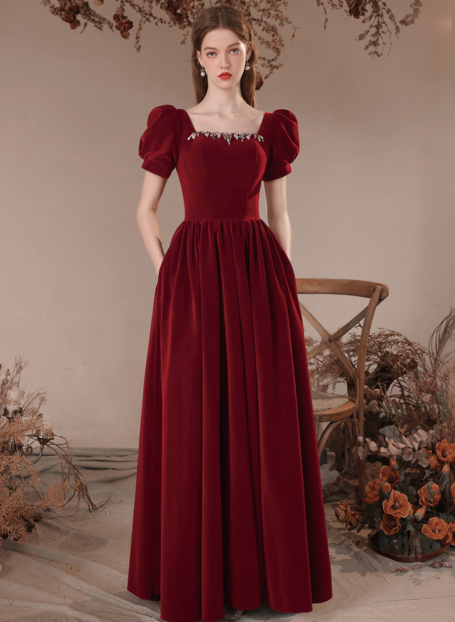 Solvbao Wine Red Short Sleeves Velvet Long Party Dress, A-line Wine Red Formal Dress