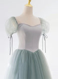 Solvbao Light Green Tulle and Satin Beaded Long Prom Dress, A-line Tulle Formal Dress